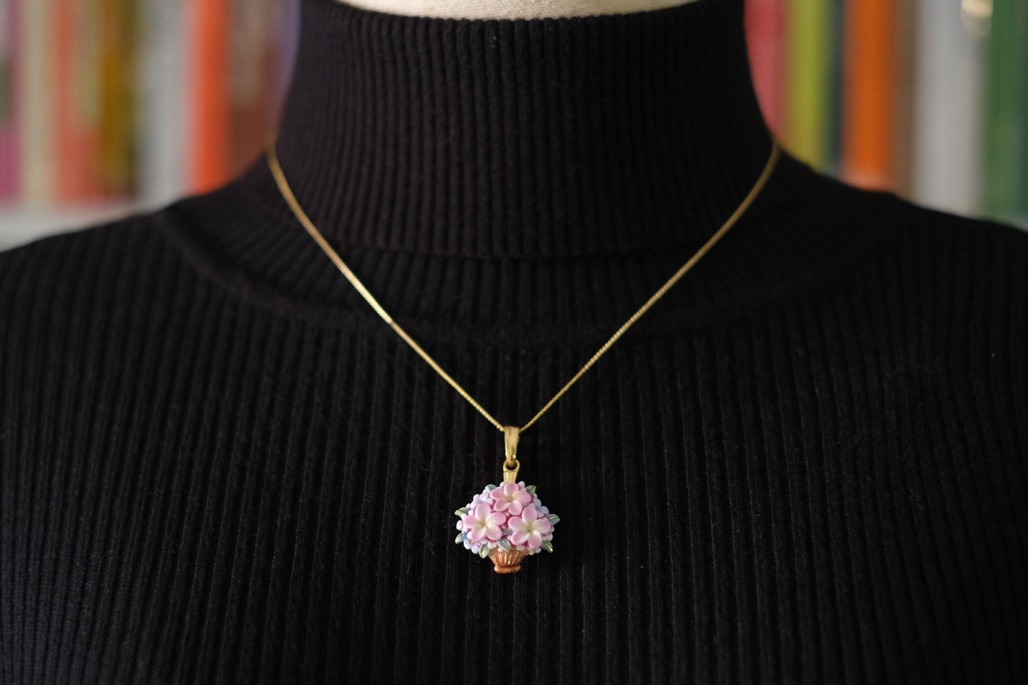 Toshikane Floral Basket Pendant Necklace – Hand-Painted Porcelain Enamel with Gold-Tone Chain