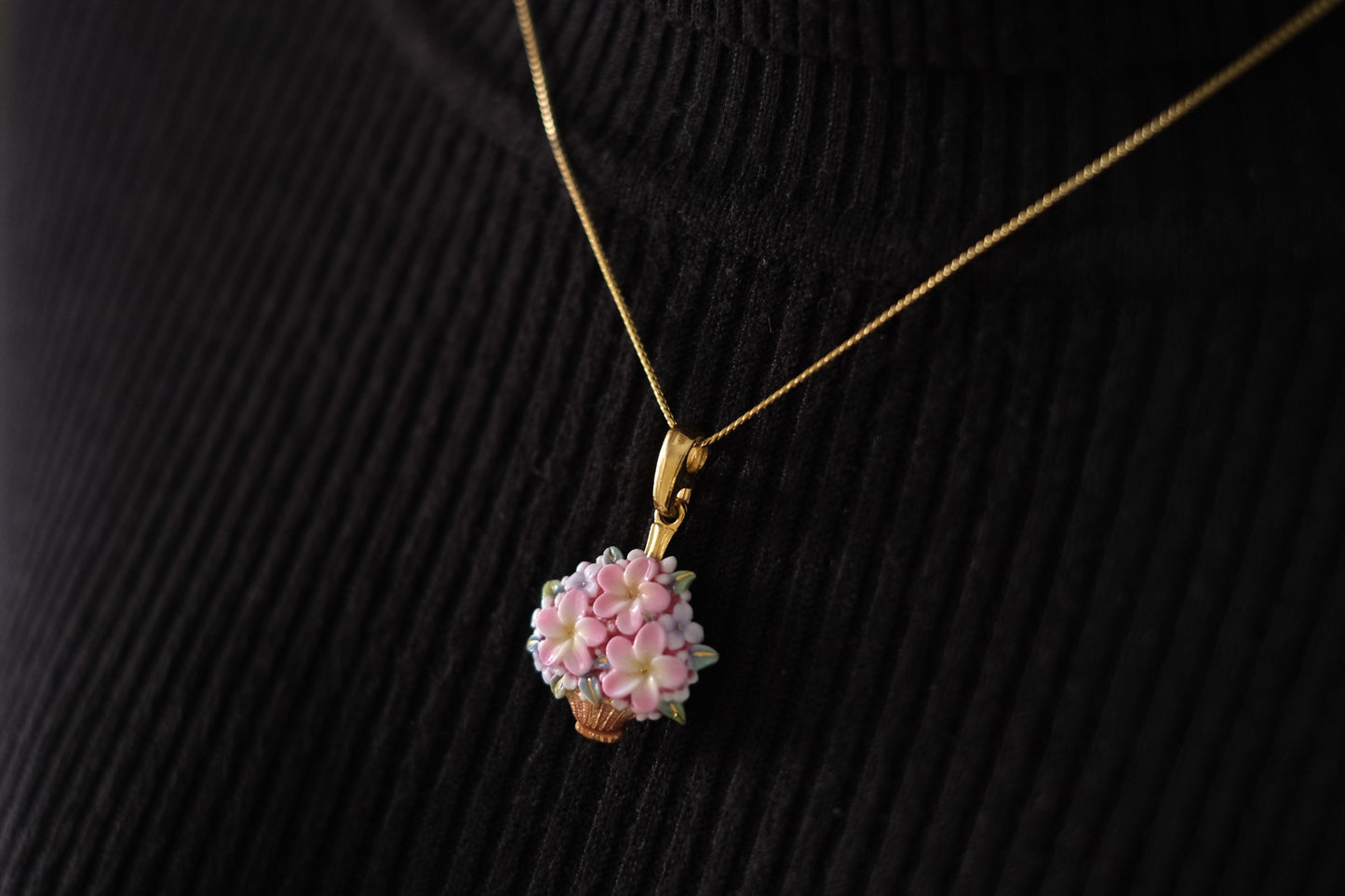 Toshikane Floral Basket Pendant Necklace – Hand-Painted Porcelain Enamel with Gold-Tone Chain