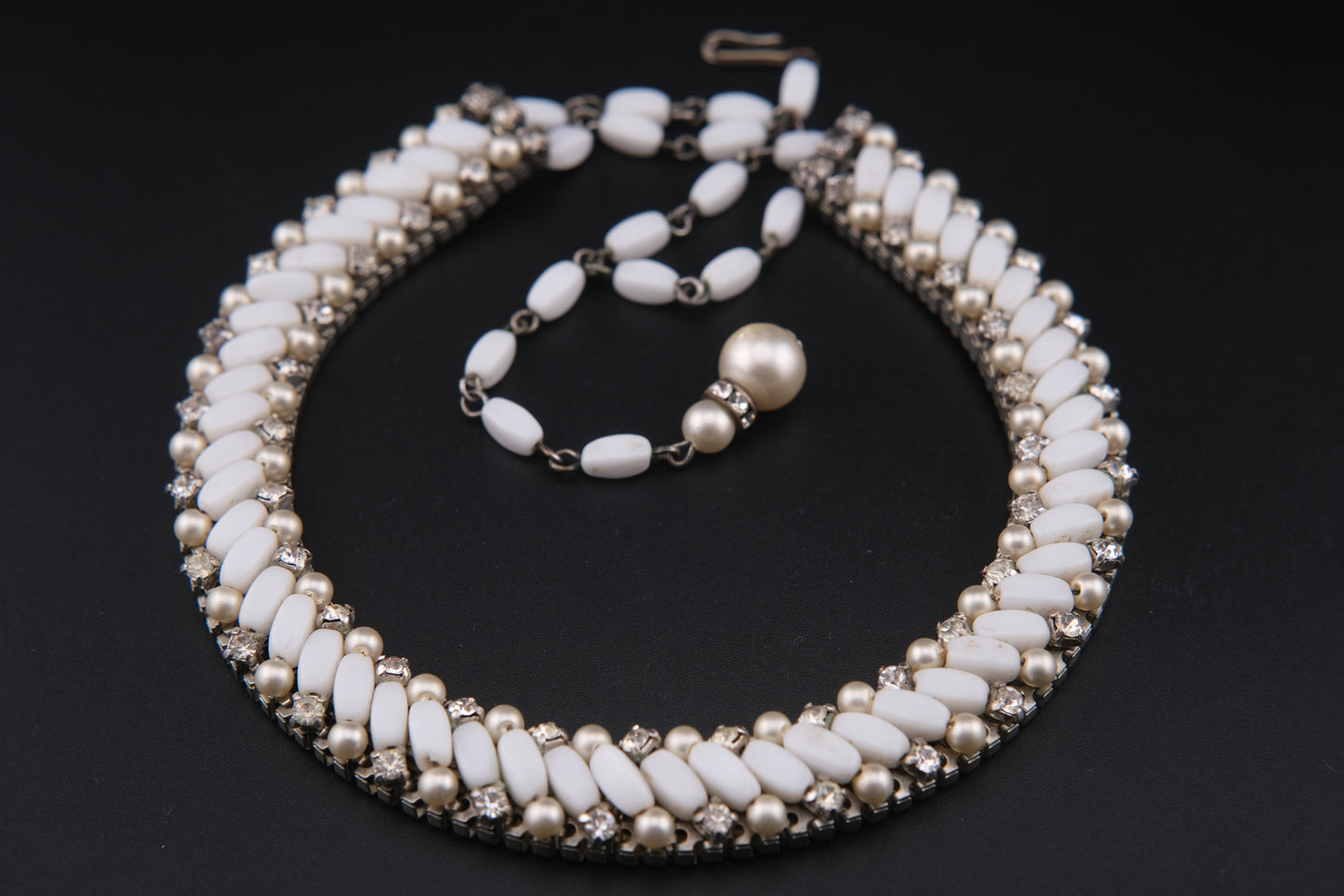 Vintage White Beads & Rhinestones Jewelry Set – Necklace & Clip-On Earrings Add a touch of timele