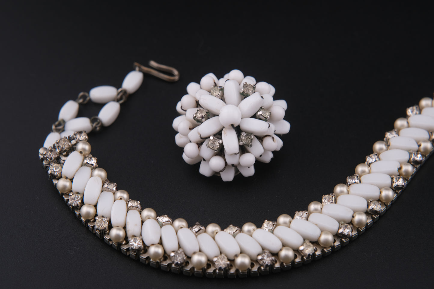Vintage White Beads & Rhinestones Jewelry Set – Necklace & Clip-On Earrings Add a touch of timele