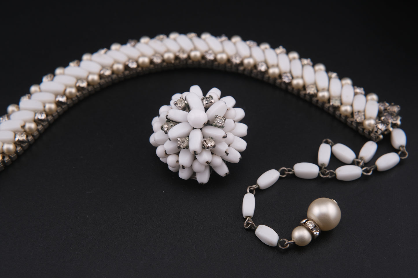 Vintage White Beads & Rhinestones Jewelry Set – Necklace & Clip-On Earrings Add a touch of timele