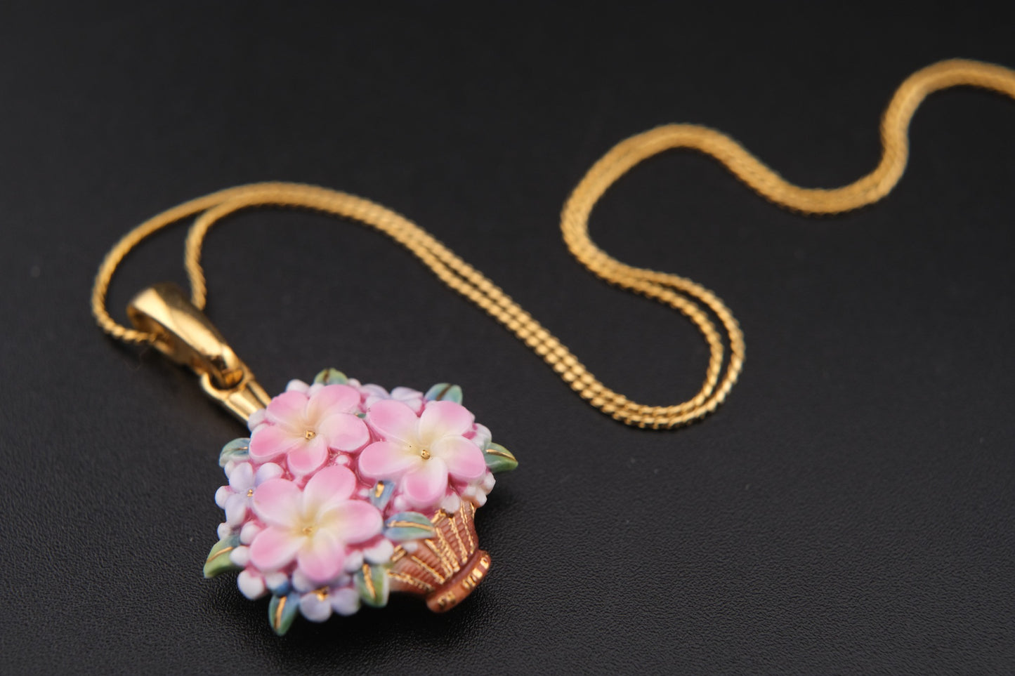 Toshikane Floral Basket Pendant Necklace – Hand-Painted Porcelain Enamel with Gold-Tone Chain