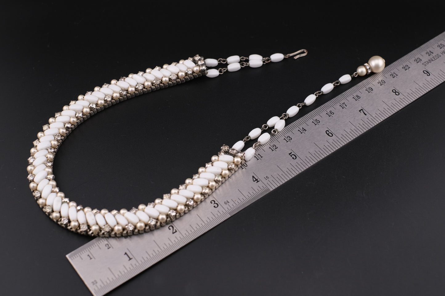 Vintage White Beads & Rhinestones Jewelry Set – Necklace & Clip-On Earrings Add a touch of timele