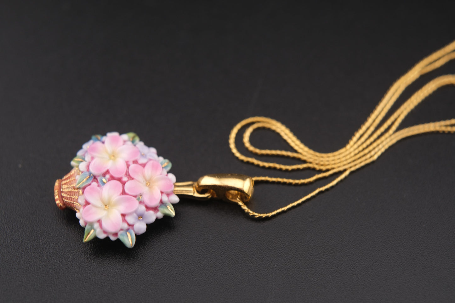 Toshikane Floral Basket Pendant Necklace – Hand-Painted Porcelain Enamel with Gold-Tone Chain