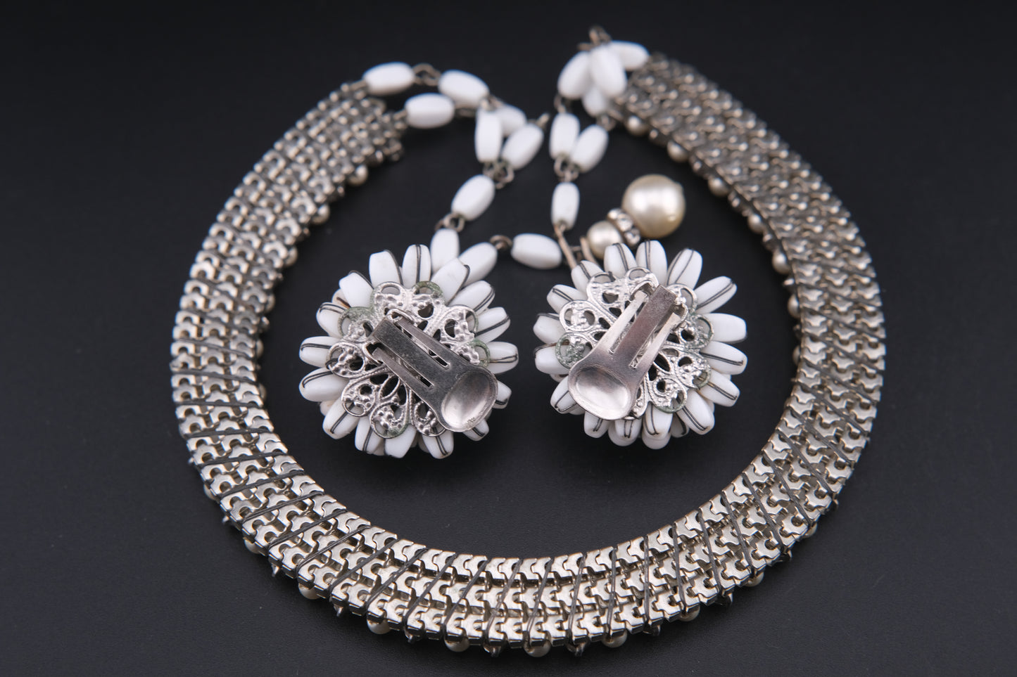 Vintage White Beads & Rhinestones Jewelry Set – Necklace & Clip-On Earrings Add a touch of timele