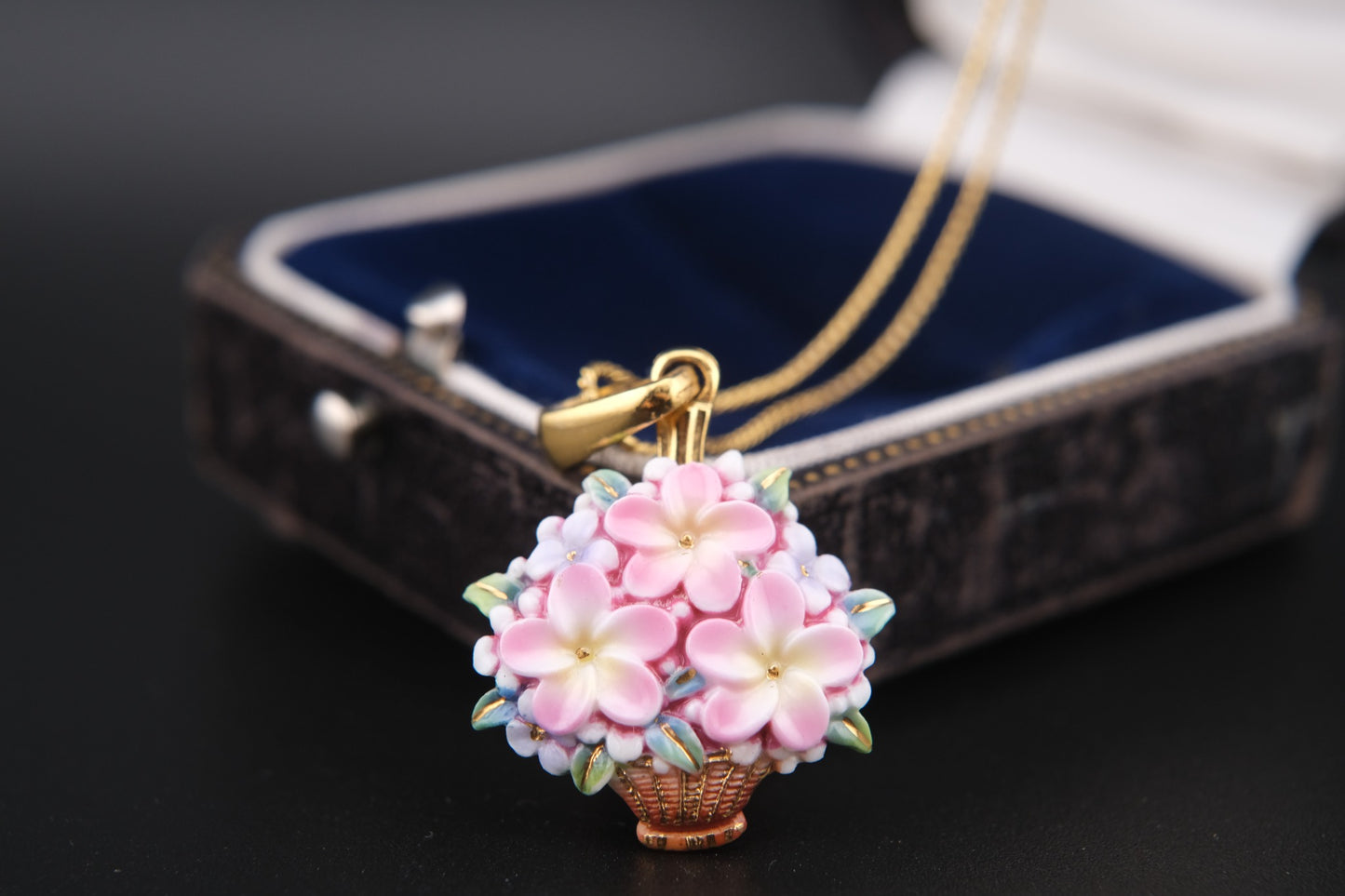 Toshikane Floral Basket Pendant Necklace – Hand-Painted Porcelain Enamel with Gold-Tone Chain