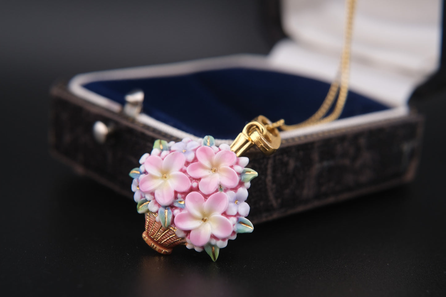 Toshikane Floral Basket Pendant Necklace – Hand-Painted Porcelain Enamel with Gold-Tone Chain