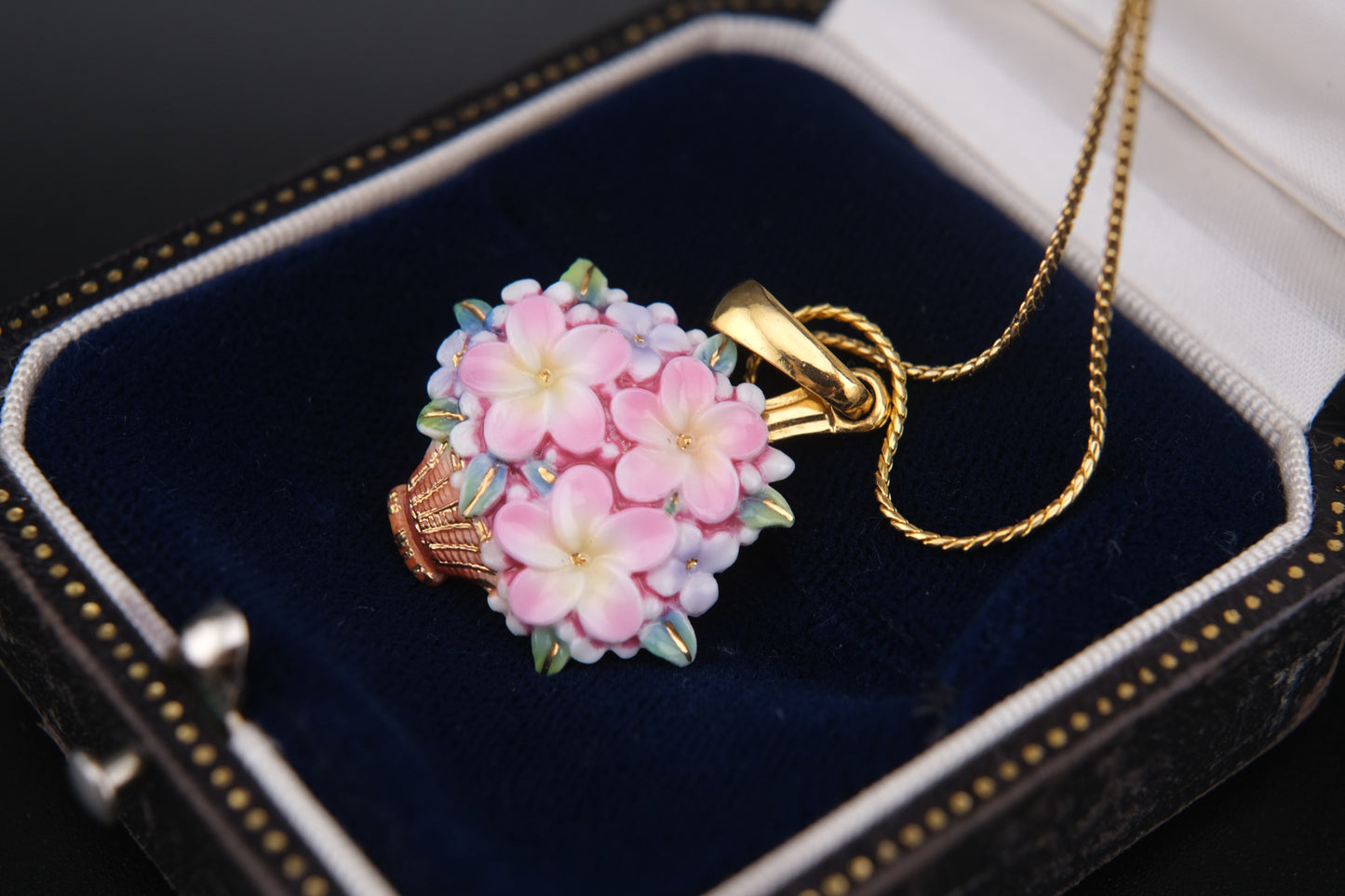 Toshikane Floral Basket Pendant Necklace – Hand-Painted Porcelain Enamel with Gold-Tone Chain