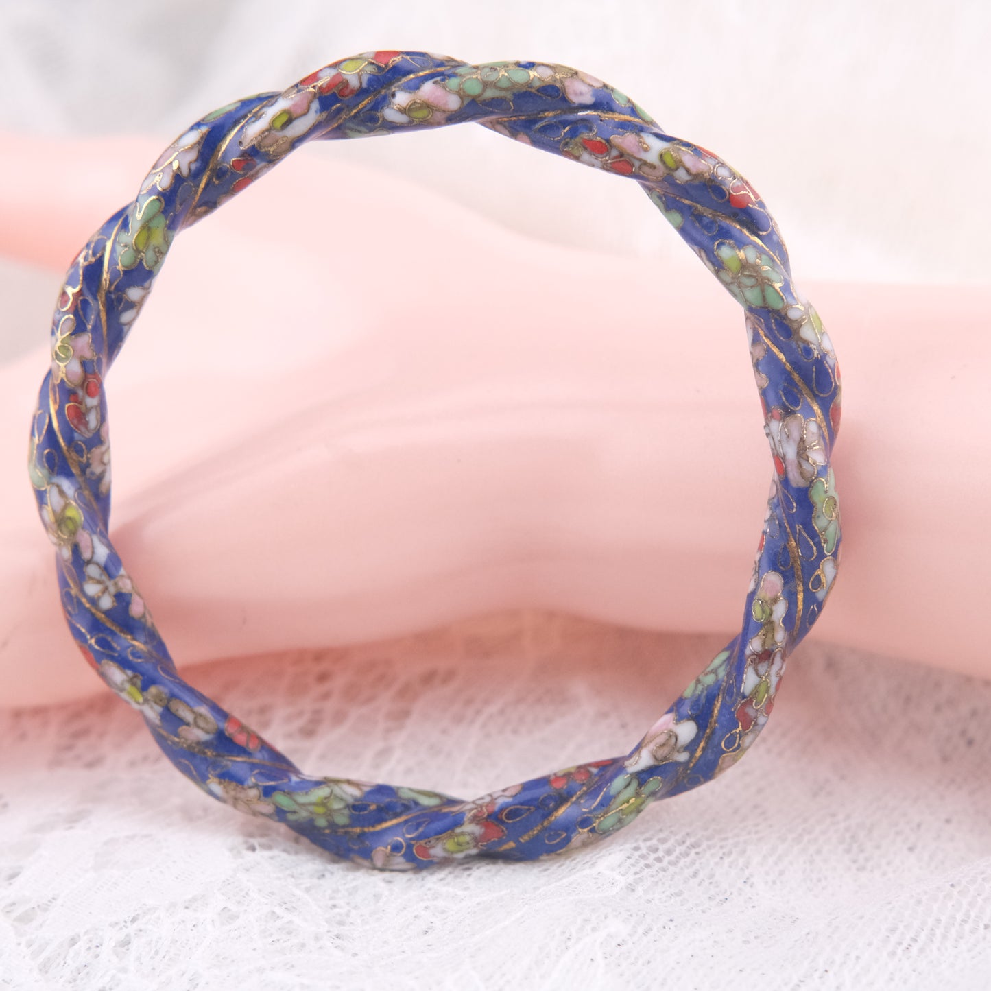 Vintage Cloisonné Blue Enamel Floral Bangle Bracelet – Twisted Design