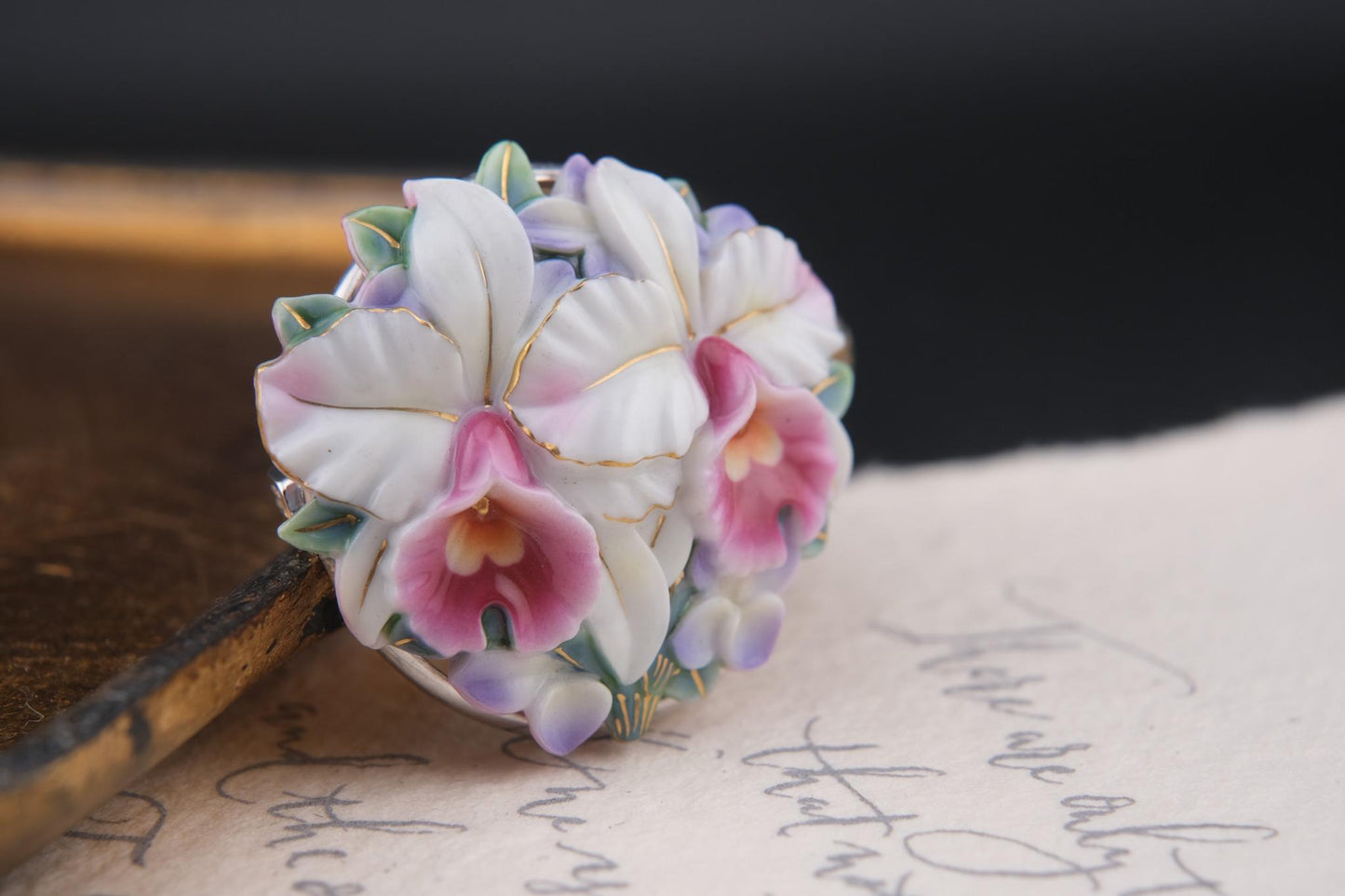 Vintage Toshikane Orchid Brooch Pendant – Hand-Painted Porcelain Flowers in Sterling Silver Mount