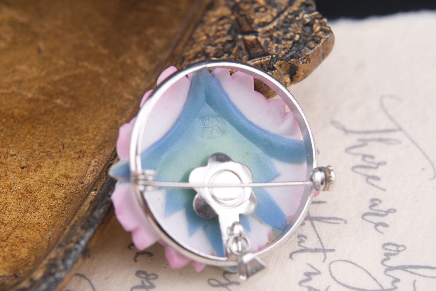 Vintage Toshikane Orchid Brooch Pendant – Hand-Painted Porcelain Flowers in Sterling Silver Mount