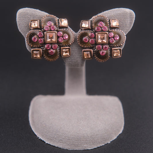 ❤️ Vintage Taratata France Clip-On Earrings Bronze Tone Pink Rhinestone Enamel Floral Geometric 2cm