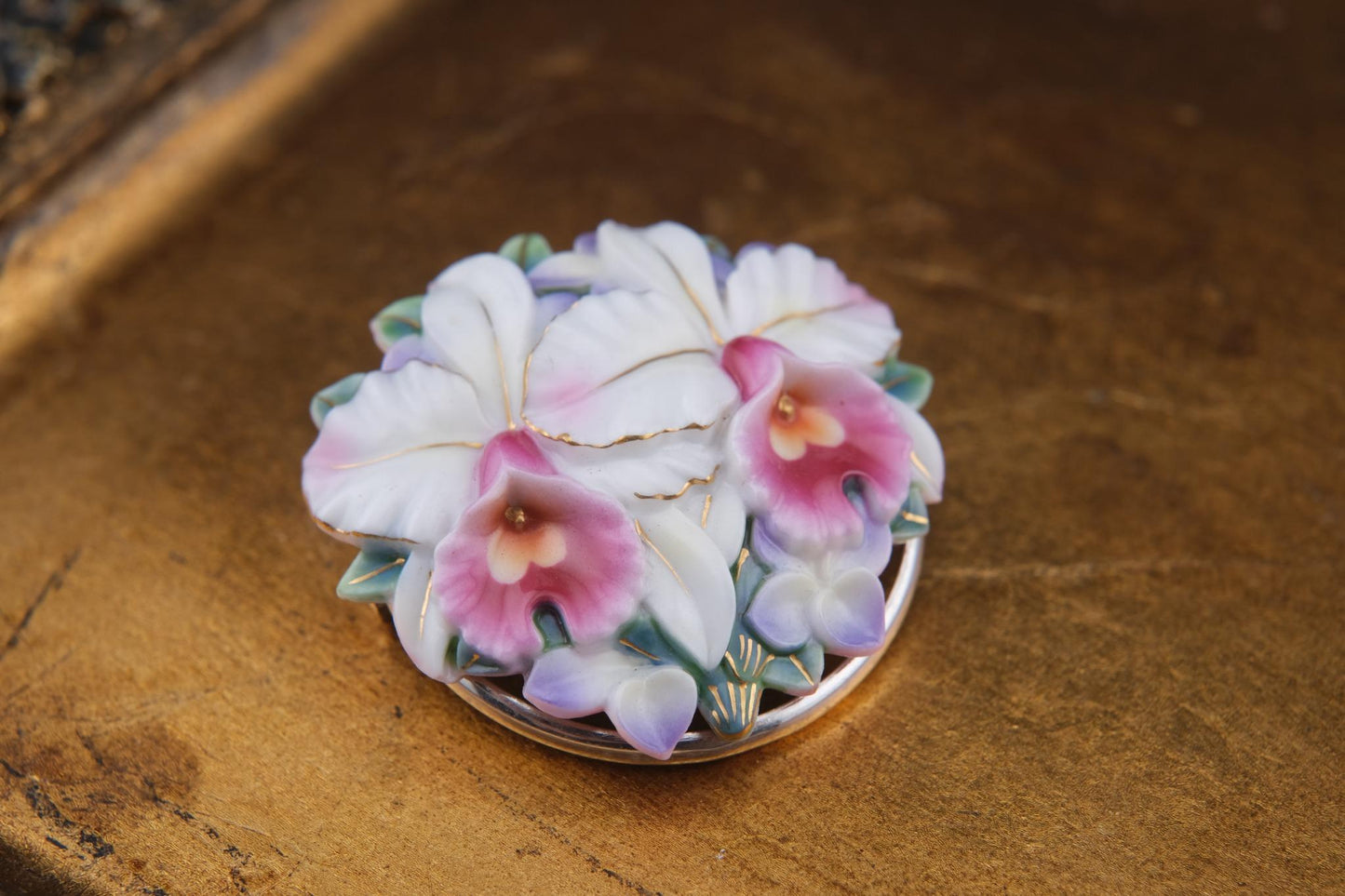 Vintage Toshikane Orchid Brooch Pendant – Hand-Painted Porcelain Flowers in Sterling Silver Mount