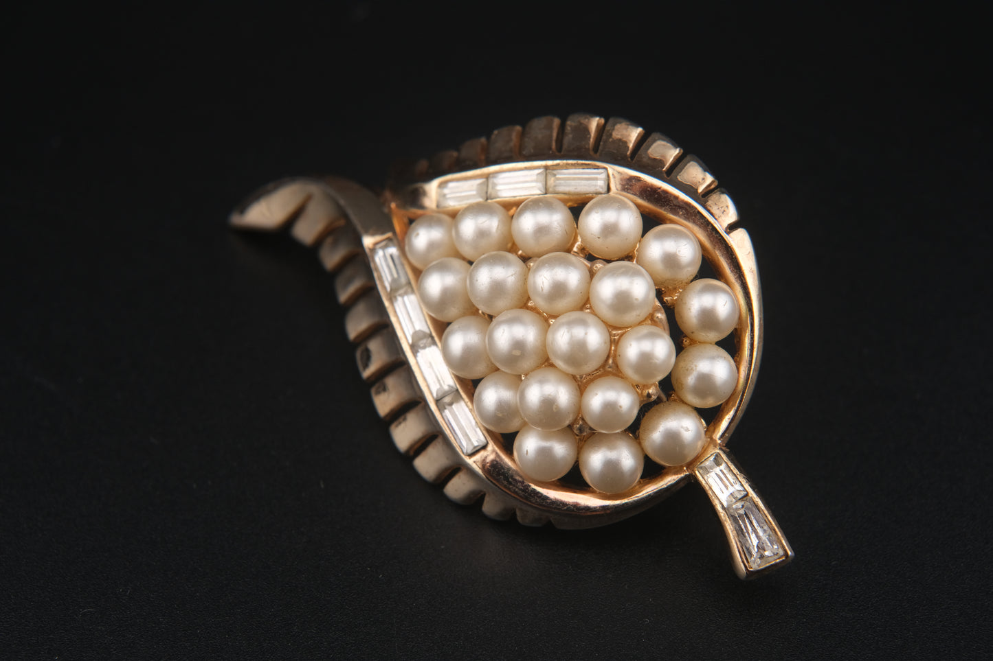 Vintage Crown Trifari Leaf Brooch – Faux Pearl & Baguette Rhinestone Cluster in Gold-Tone