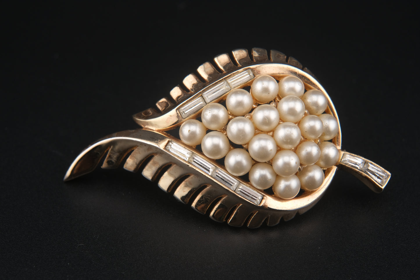 Vintage Crown Trifari Leaf Brooch – Faux Pearl & Baguette Rhinestone Cluster in Gold-Tone