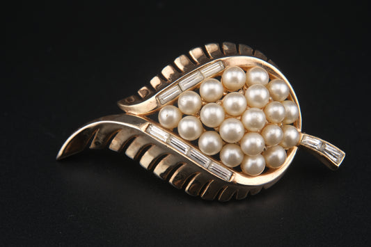 Vintage Crown Trifari Leaf Brooch – Faux Pearl & Baguette Rhinestone Cluster in Gold-Tone