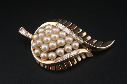 Vintage Crown Trifari Leaf Brooch – Faux Pearl & Baguette Rhinestone Cluster in Gold-Tone