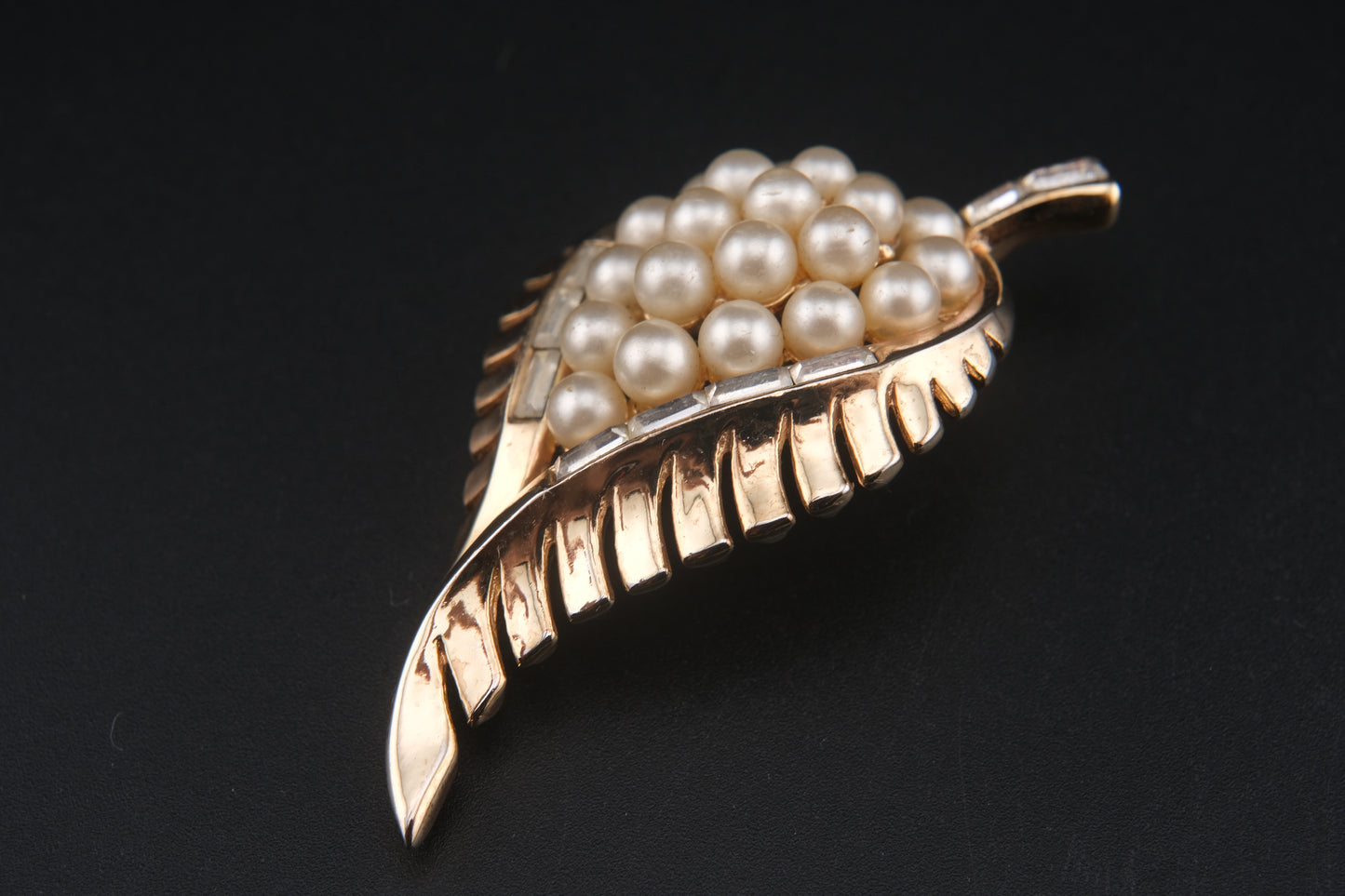 Vintage Crown Trifari Leaf Brooch – Faux Pearl & Baguette Rhinestone Cluster in Gold-Tone