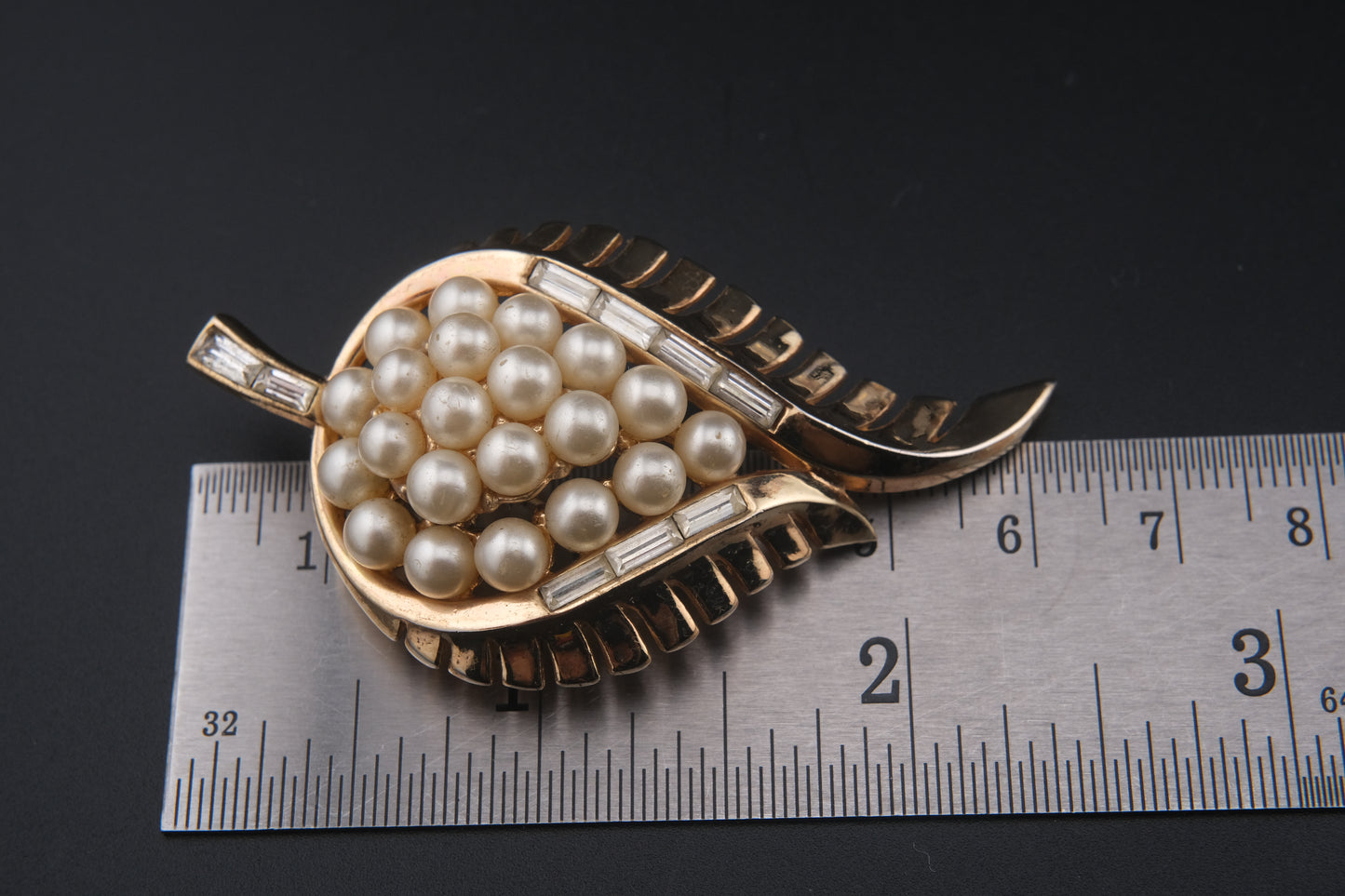 Vintage Crown Trifari Leaf Brooch – Faux Pearl & Baguette Rhinestone Cluster in Gold-Tone