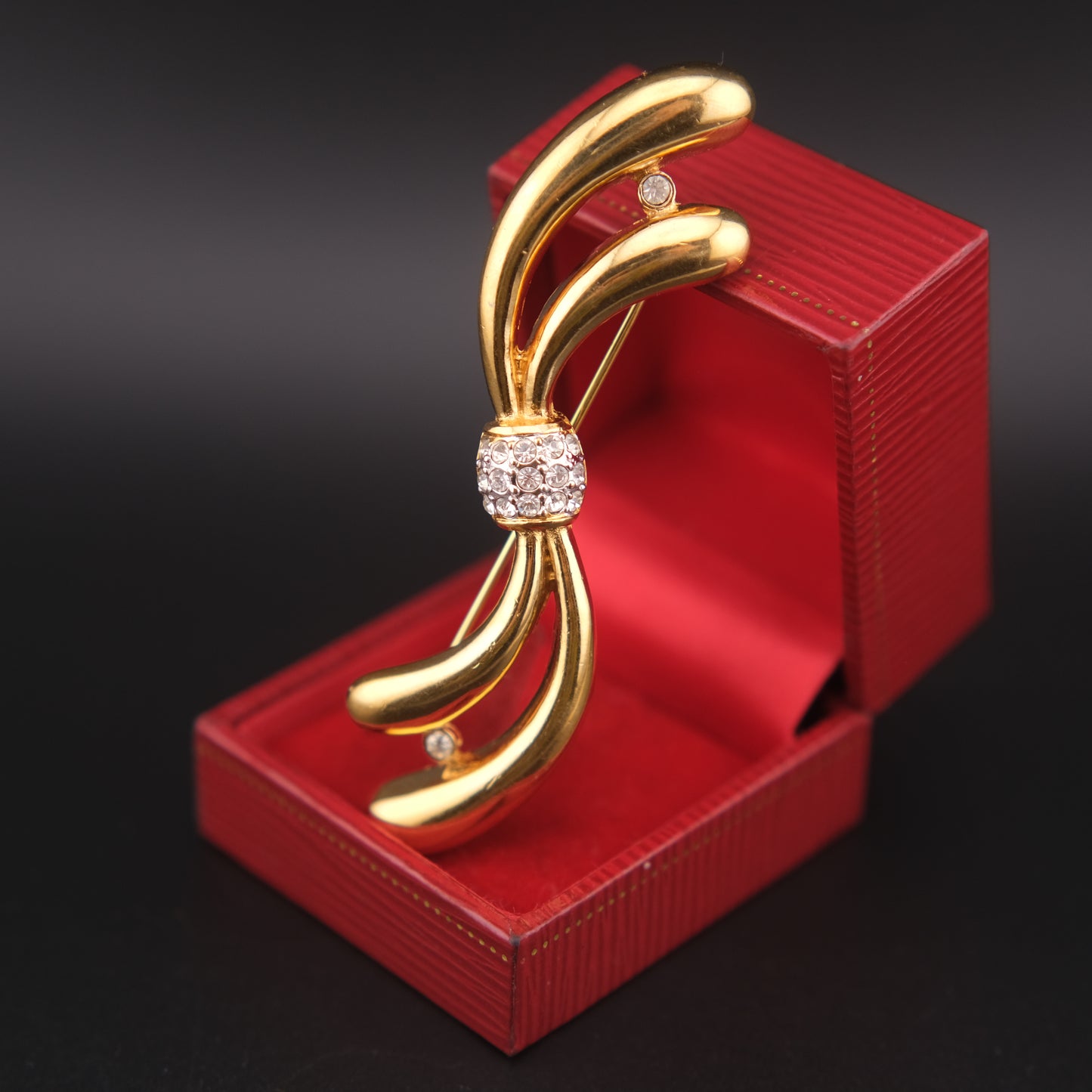 Vintage Attwood & Sawyer Gold-Tone Ribbon Bow Brooch with Crystal Accents