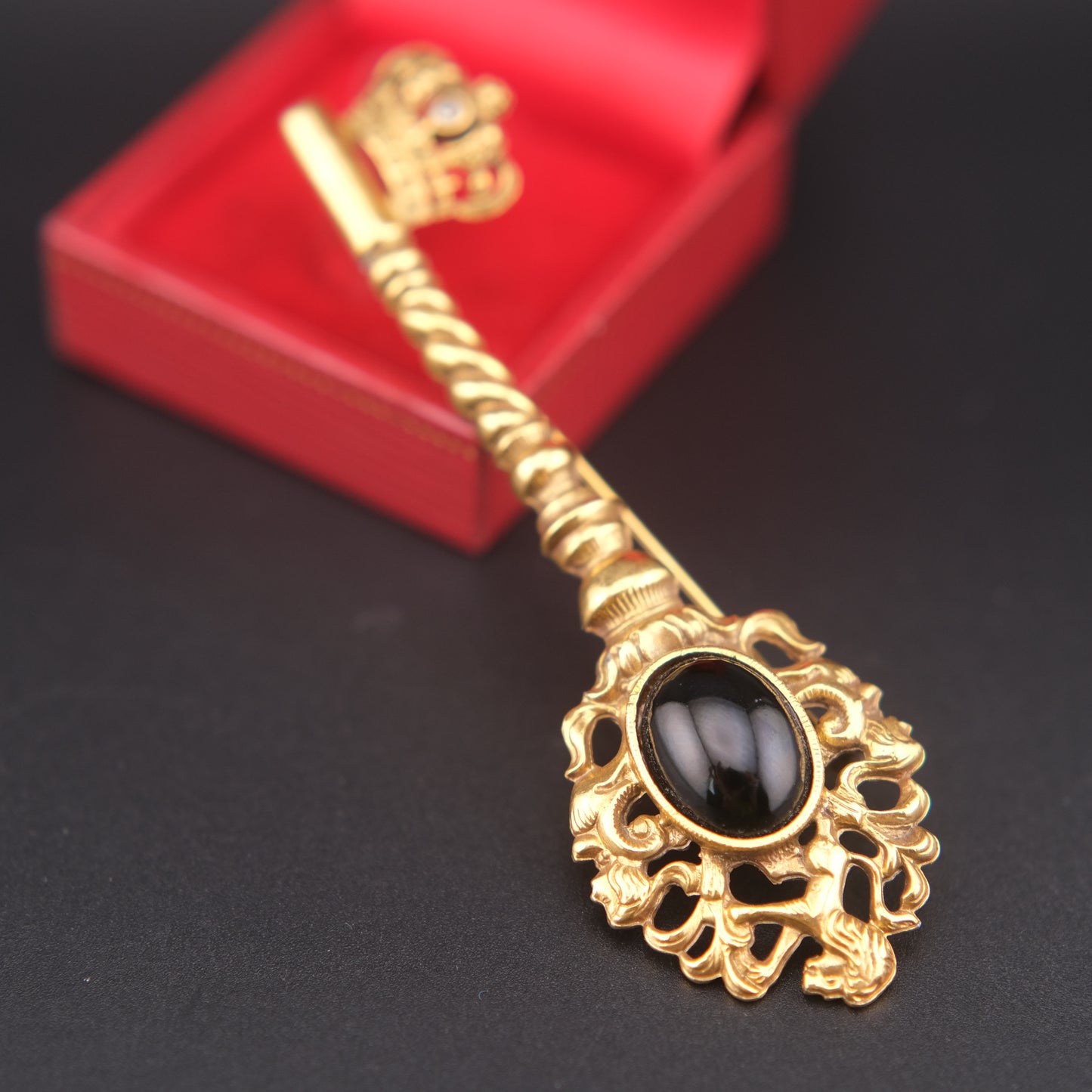 Vintage Gold-Tone Key Brooch with Black Cabochon and Crown Detail