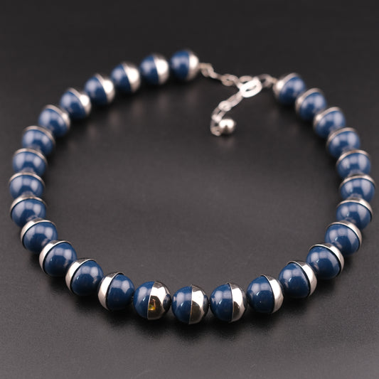 Vintage Lui Chantant Blue Bead Necklace Silver Tone Half-Capped Beads 16”