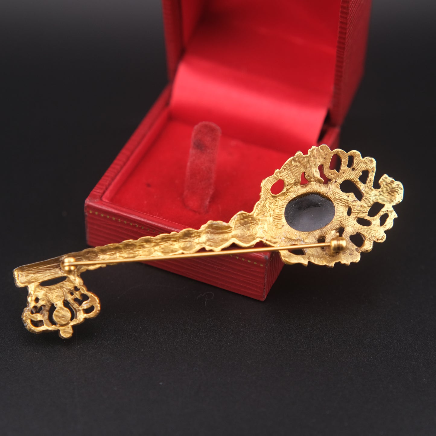 Vintage Gold-Tone Key Brooch with Black Cabochon and Crown Detail