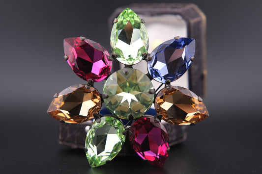 Vintage Multicolor Rhinestone Flower Brooch – Statement Crystal Pin