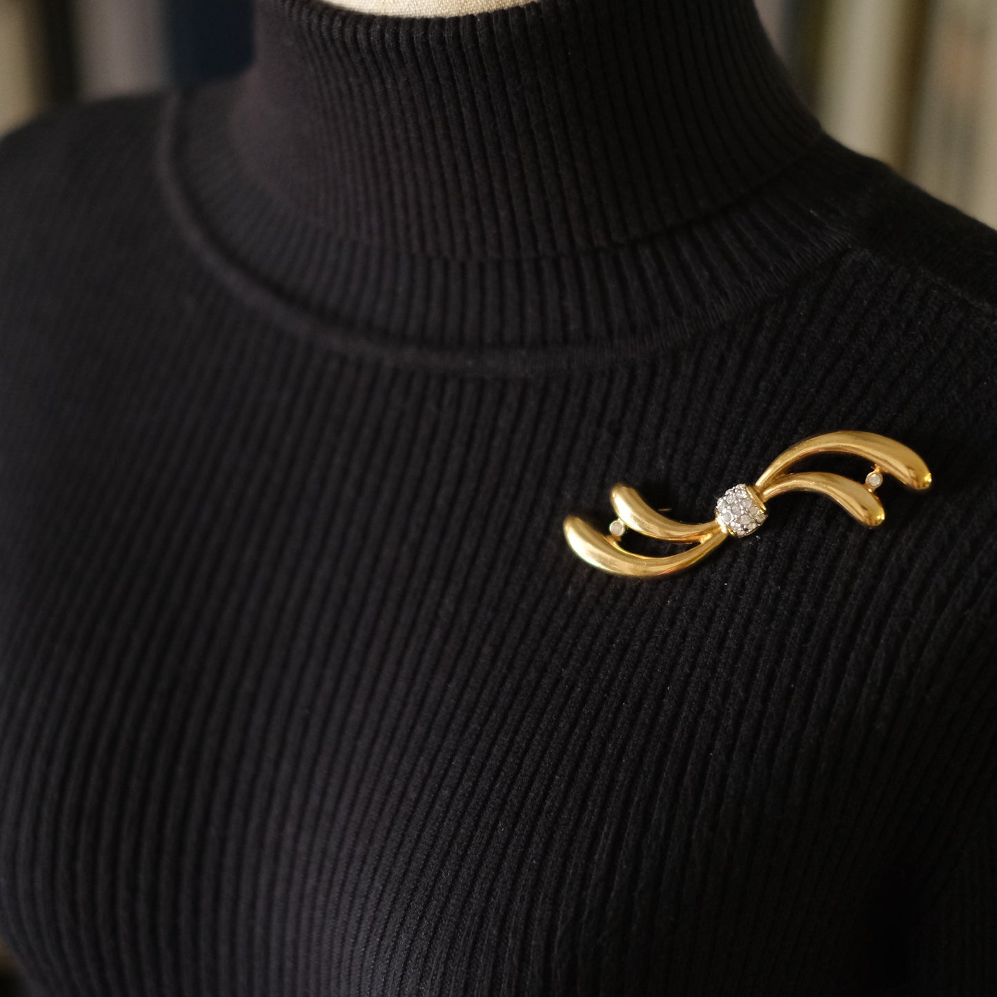 Vintage Attwood & Sawyer Gold-Tone Ribbon Bow Brooch with Crystal Accents