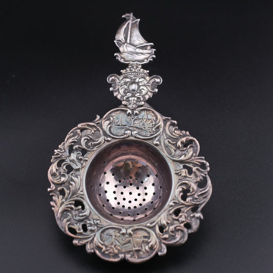 Vintage Dutch Rococo Silver-Plated Tea Strainer with Ship Motif Handle
