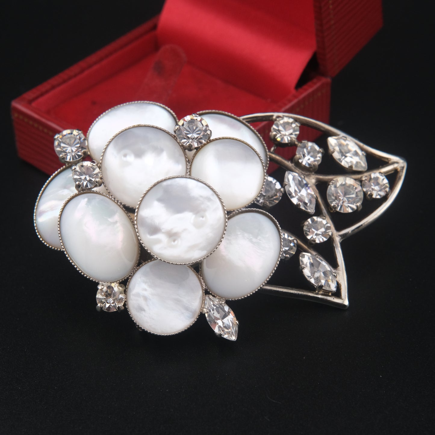 Vintage Signed Philippe Ferrandis Camellia Brooch – Mother of Pearl & Crystal Floral Statement