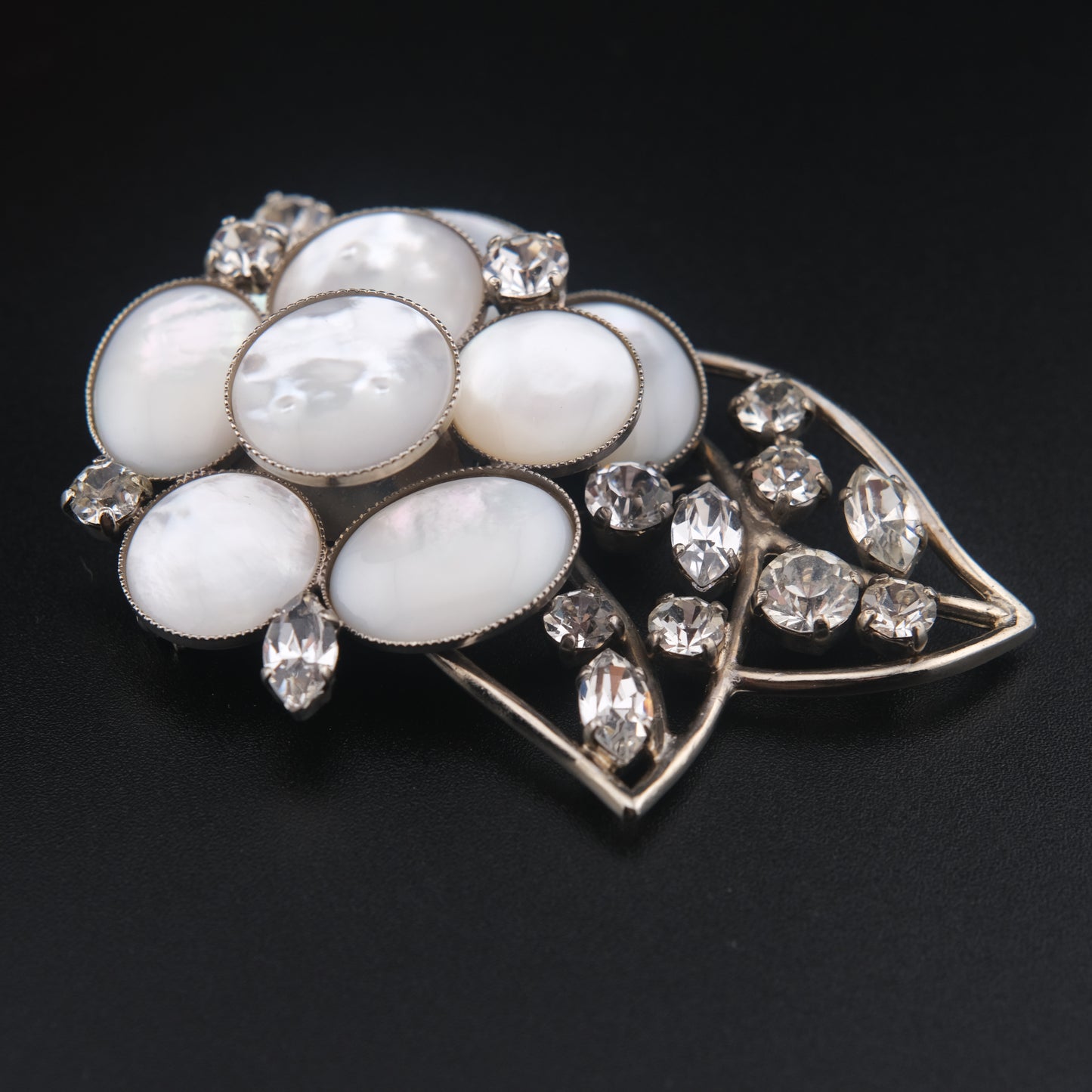 Vintage Signed Philippe Ferrandis Camellia Brooch – Mother of Pearl & Crystal Floral Statement