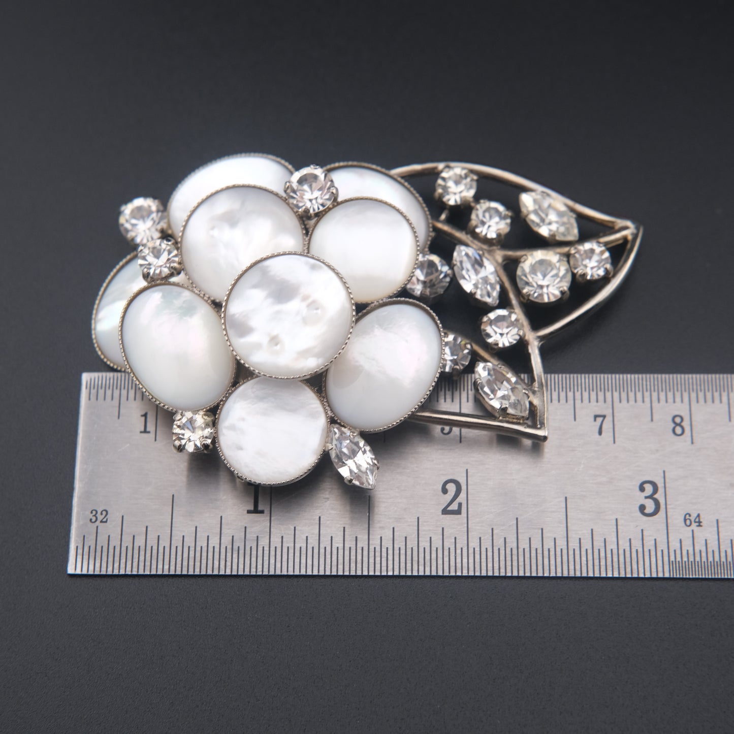 Vintage Signed Philippe Ferrandis Camellia Brooch – Mother of Pearl & Crystal Floral Statement