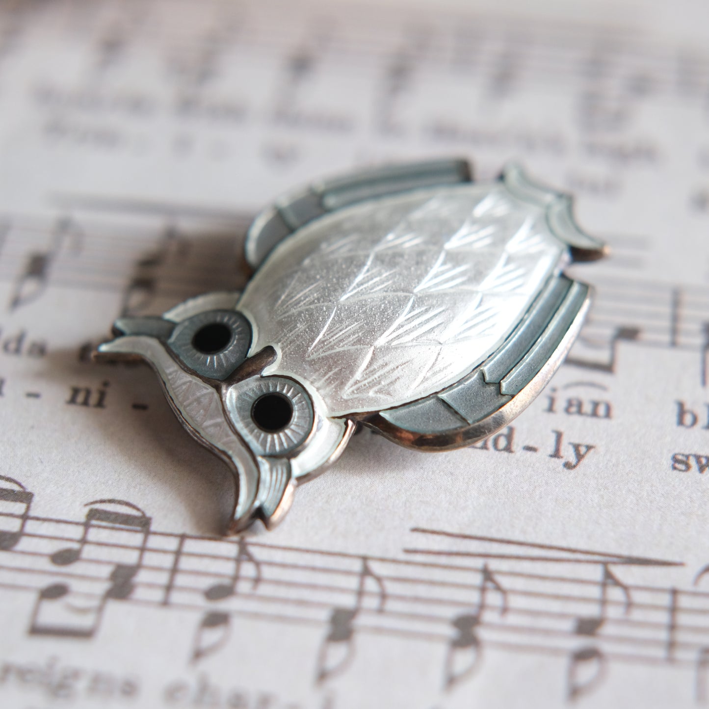 Vintage David-Andersen Norway Sterling Silver White Guilloché Enamel Owl Brooch