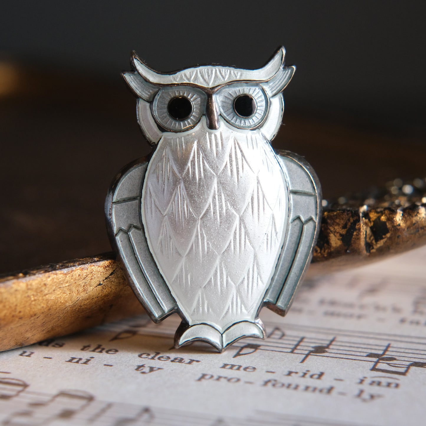 Vintage David-Andersen Norway Sterling Silver White Guilloché Enamel Owl Brooch