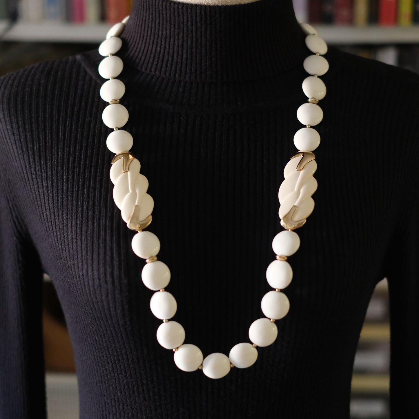 Vintage Trifari White Lucite Station Necklace with Sculptural Gold-Tone Accents