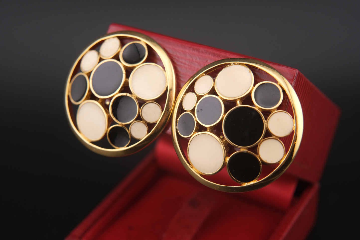 Rare 1967 Crown Trifari Clip-On Earrings – Black & Ivory Enamel Circles in Gold-Tone, Confetti Collection