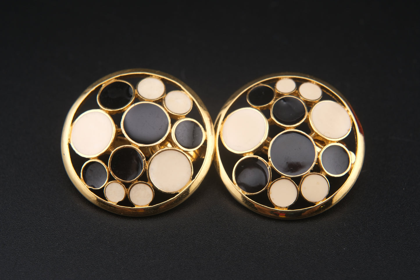 Rare 1967 Crown Trifari Clip-On Earrings – Black & Ivory Enamel Circles in Gold-Tone, Confetti Collection