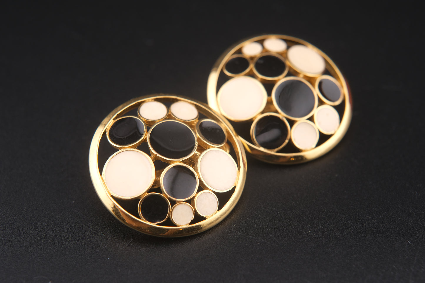 Rare 1967 Crown Trifari Clip-On Earrings – Black & Ivory Enamel Circles in Gold-Tone, Confetti Collection