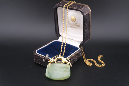 Vintage Crown Trifari Simulated Jade Pendant Necklace with Mythical Beast Design