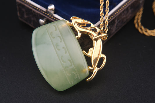 Vintage Crown Trifari Simulated Jade Pendant Necklace with Mythical Beast Design