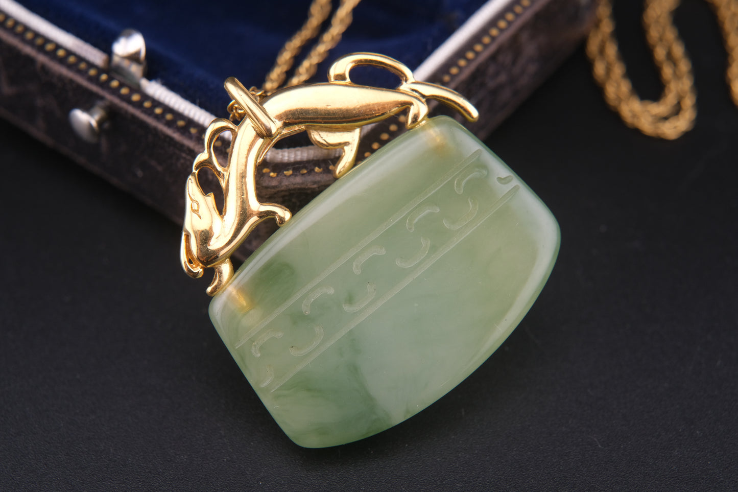 Vintage Crown Trifari Simulated Jade Pendant Necklace with Mythical Beast Design