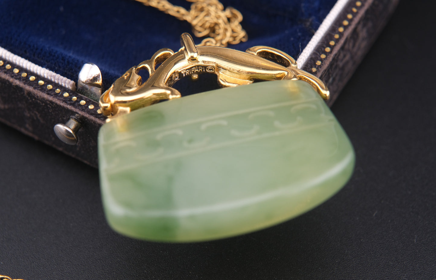 Vintage Crown Trifari Simulated Jade Pendant Necklace with Mythical Beast Design