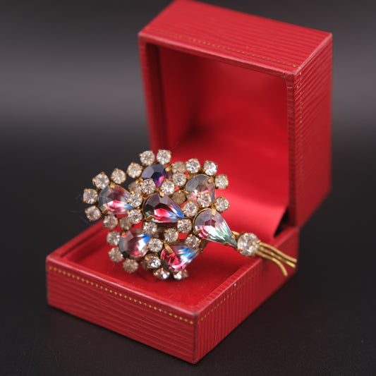 Vintage Color-Shift Rhinestone Floral Bouquet Brooch – Multicolor Crystal & Gold-Tone Setting – 2.25"