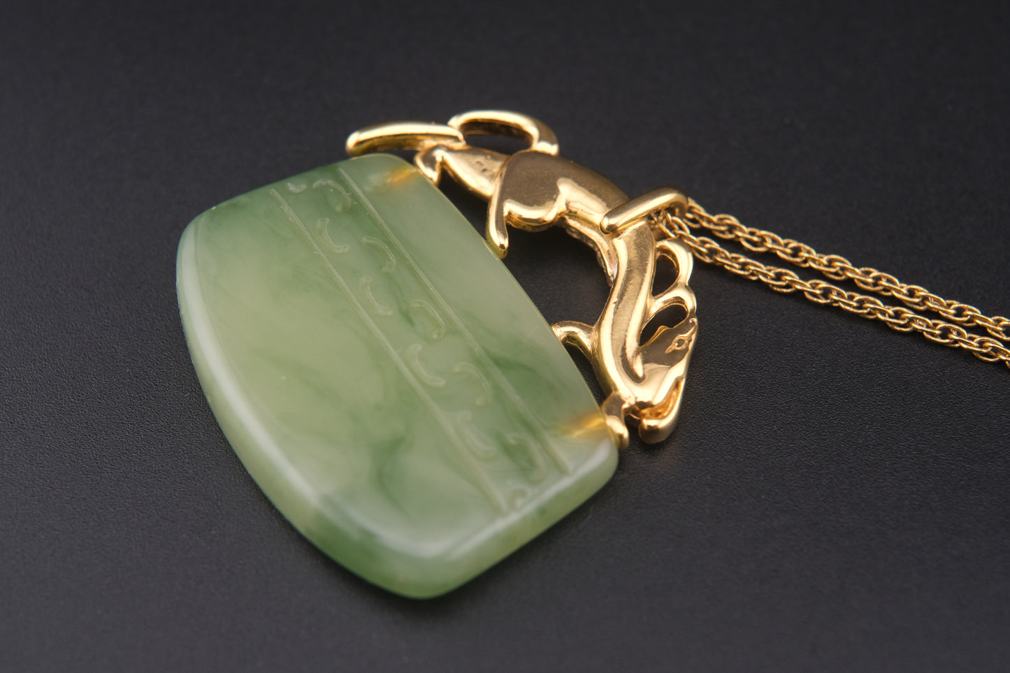 Vintage Crown Trifari Simulated Jade Pendant Necklace with Mythical Beast Design