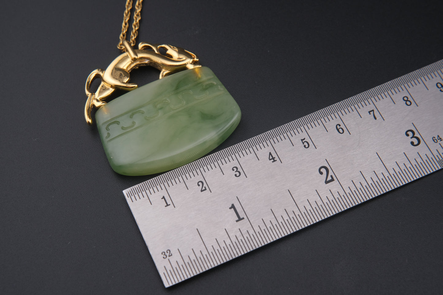 Vintage Crown Trifari Simulated Jade Pendant Necklace with Mythical Beast Design