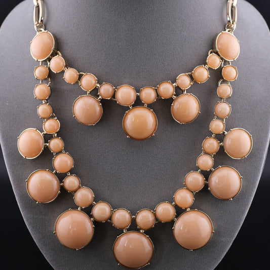 Vintage Talbots Double Strand Bib Necklace Peach Cabochon Gold Tone Statement