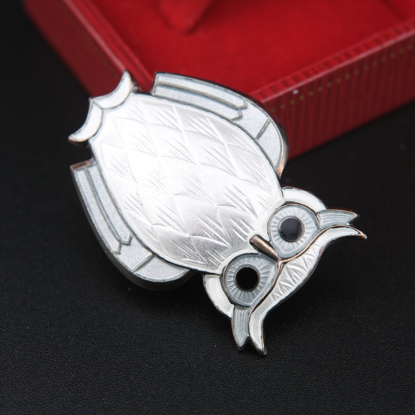 Vintage David-Andersen Norway Sterling Silver White Guilloché Enamel Owl Brooch