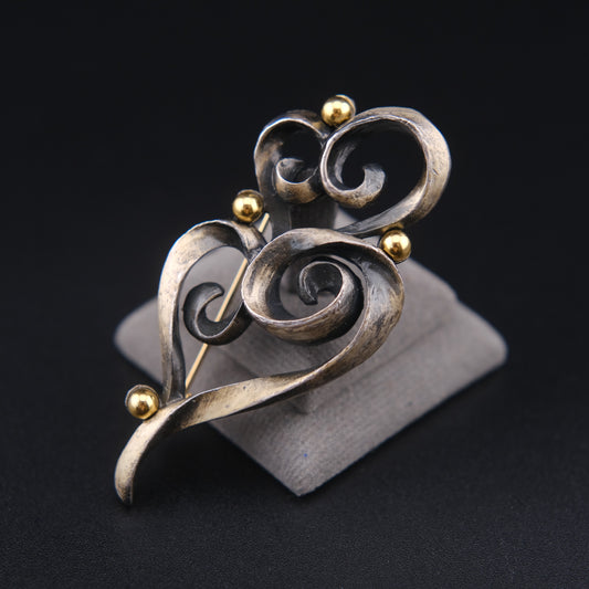 ❤️ Vintage Jean Louis Scherrer Sculptural Swirl Brooch – Silver Tone with Gold Accent – Signed