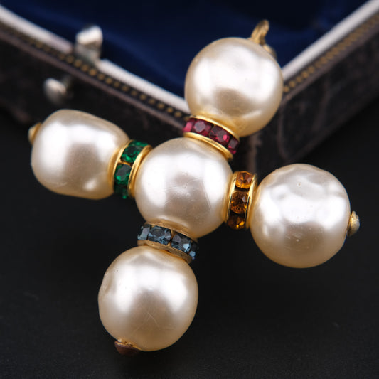 ❤️ Agatha Faux Pearl Cross Pendant – Multicolor Crystal Spacers (Pendant Only)